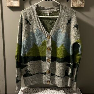 Woven Heart nature mountain scene wool blend cardigan NWOT